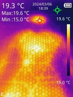Mesure après avoir été allongé 5 minutes. Température maximum 29,6°C